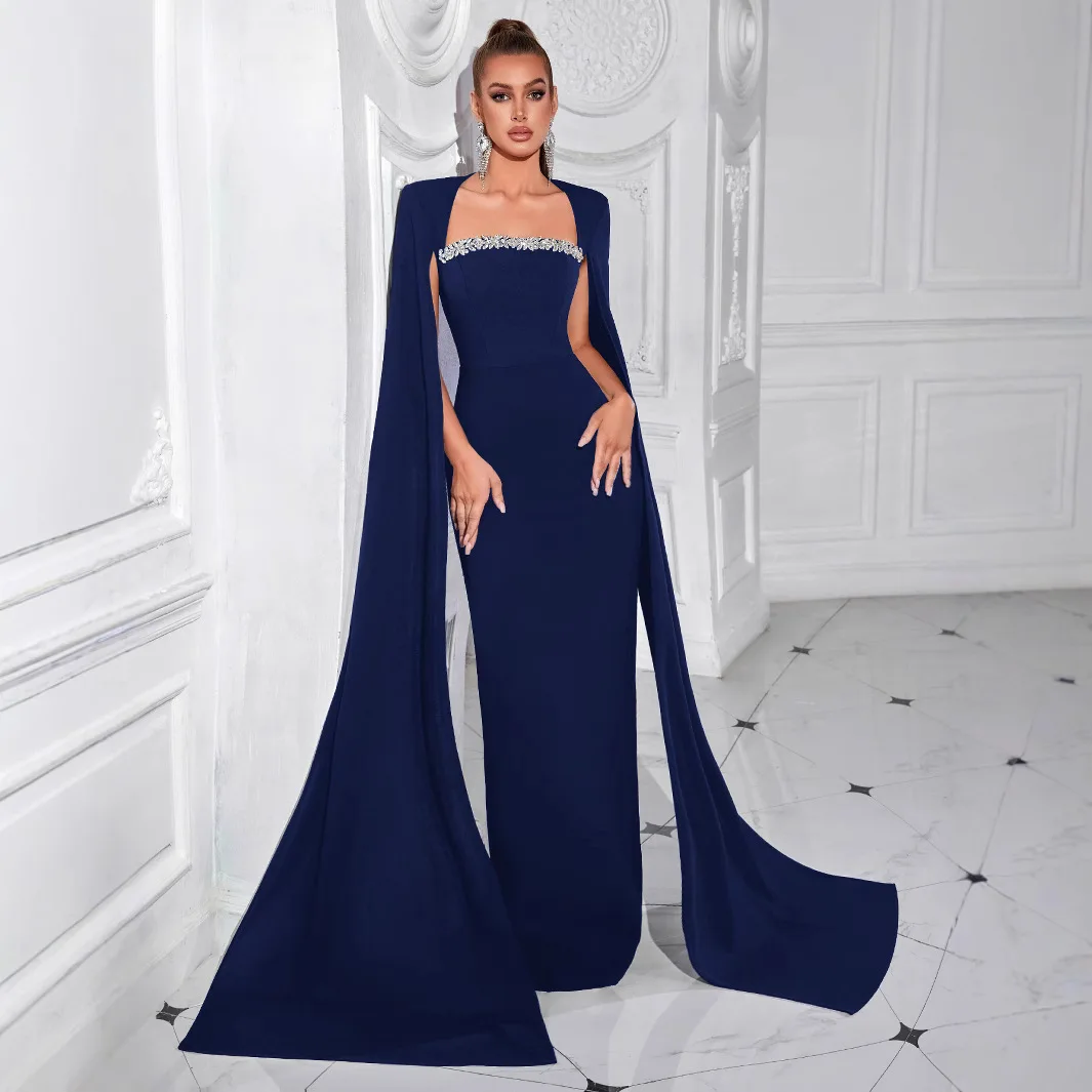 

Sexy One-oulder Diamond Splicing Floor-Length Evening Gown Long Sve High-Waist Silk Adult Ceremony Pure Color Ball Dr