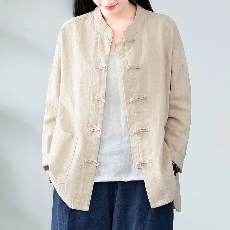 

Loose Fit Long Sve Cotton Linen Men's irt Chinese Sle Stand Collar Jaet plus Size Spring Summer Faion Menswear