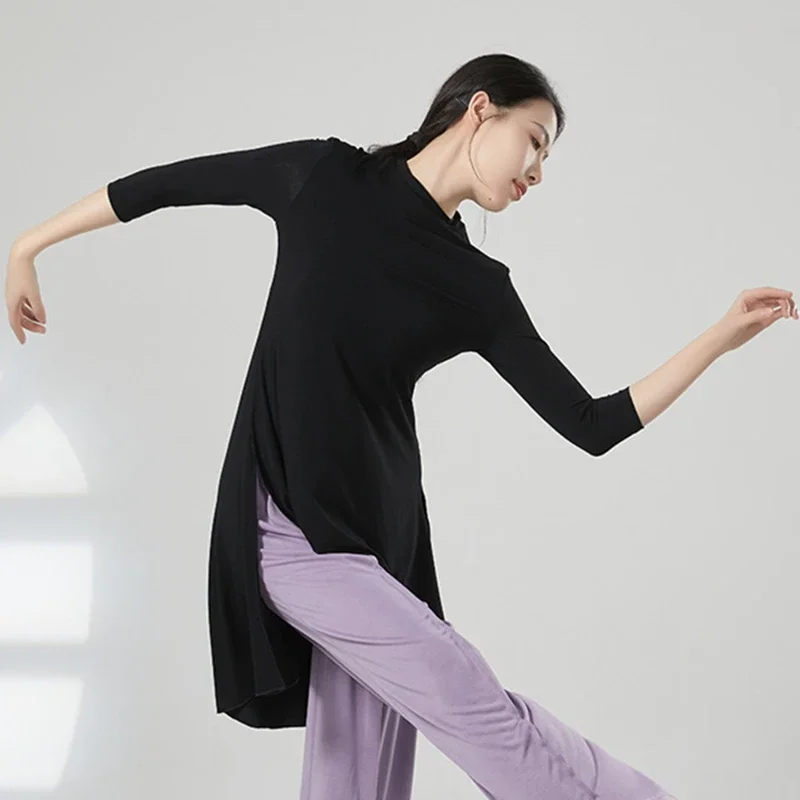 Modern Dance Costume Women Middle Sleeve Shirt Irregular Split Long Hem Tee Tops Performance Line Dancewear Stage Clothes Hanfu