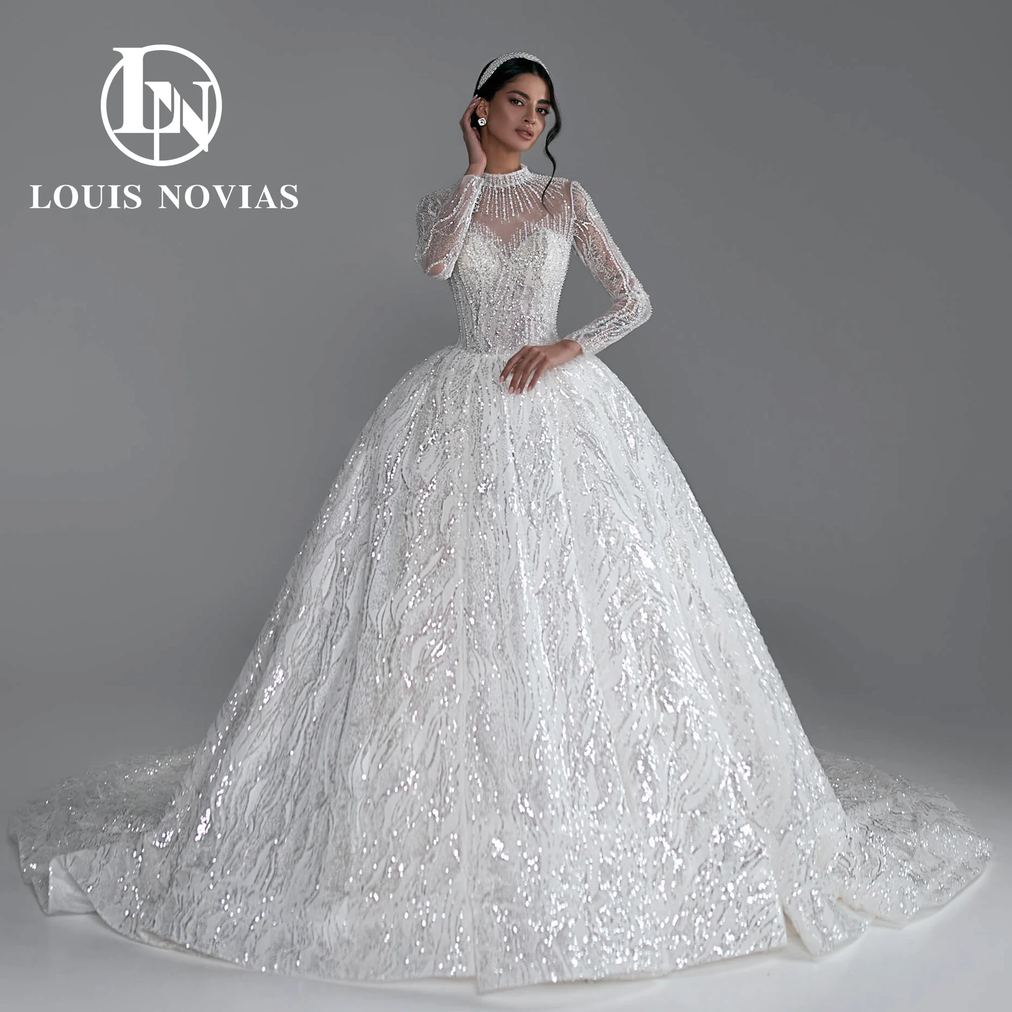 LOUIS NOVIAS Ball Gown Wedding Dress Sexy Long Sleeve Semi-Transparent Embroidery Sparkling Lace Wedding Gown Vestidos De Novia