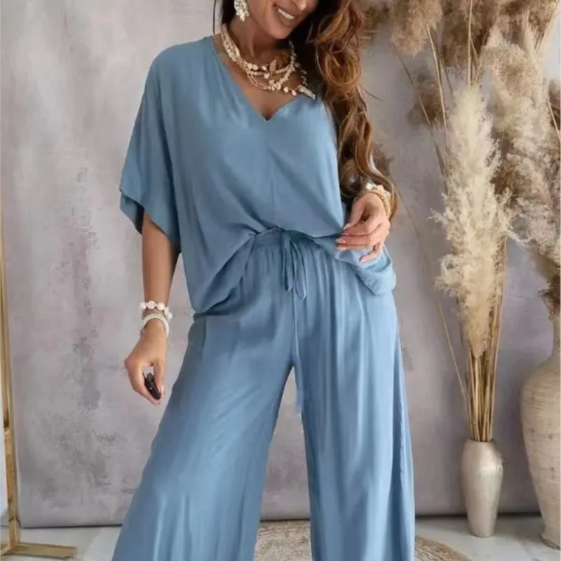 Women\'s Two Piece Set V Neck Bat Sleeve Top + Pants Set Loose Wide Leg Pants Blouse Set Casual Female Pant Suits Maxi Shirt Suit