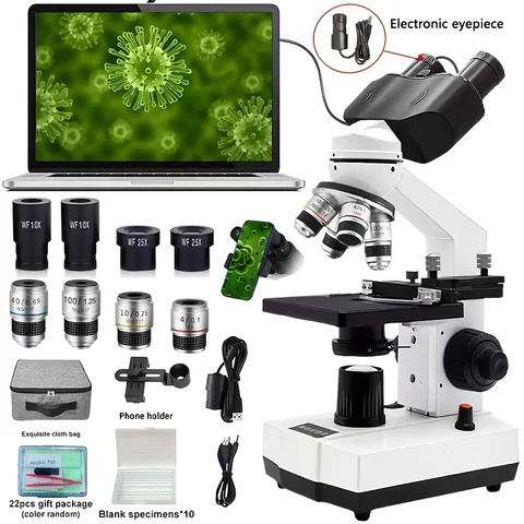 Professional Binocular Compound Microscope 40X-2500X, with Abbe Condenser LED Illumination USB Camera Phone Adapter