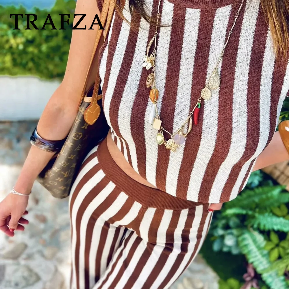 TRAFZA 2024 Spring Summer Vintage Knitted Striped Women Suits Fashion Casual O Neck Sleeveless Short Tops+High Waist Long Pants