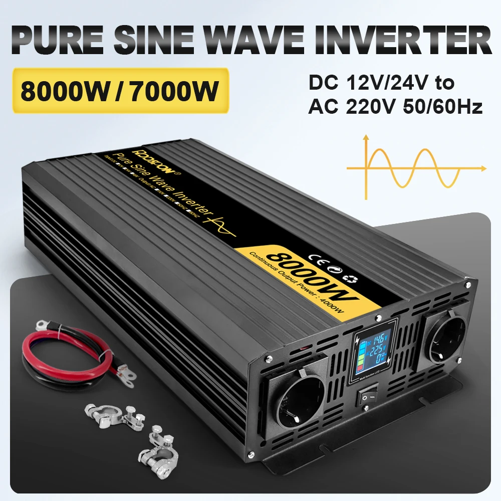 

RDDSPON 24V 12V to 220v Power Inverter 7000W 8000W With Dual EU Socket LCD Display Pure Sine Wave Inverter 50/60Hz