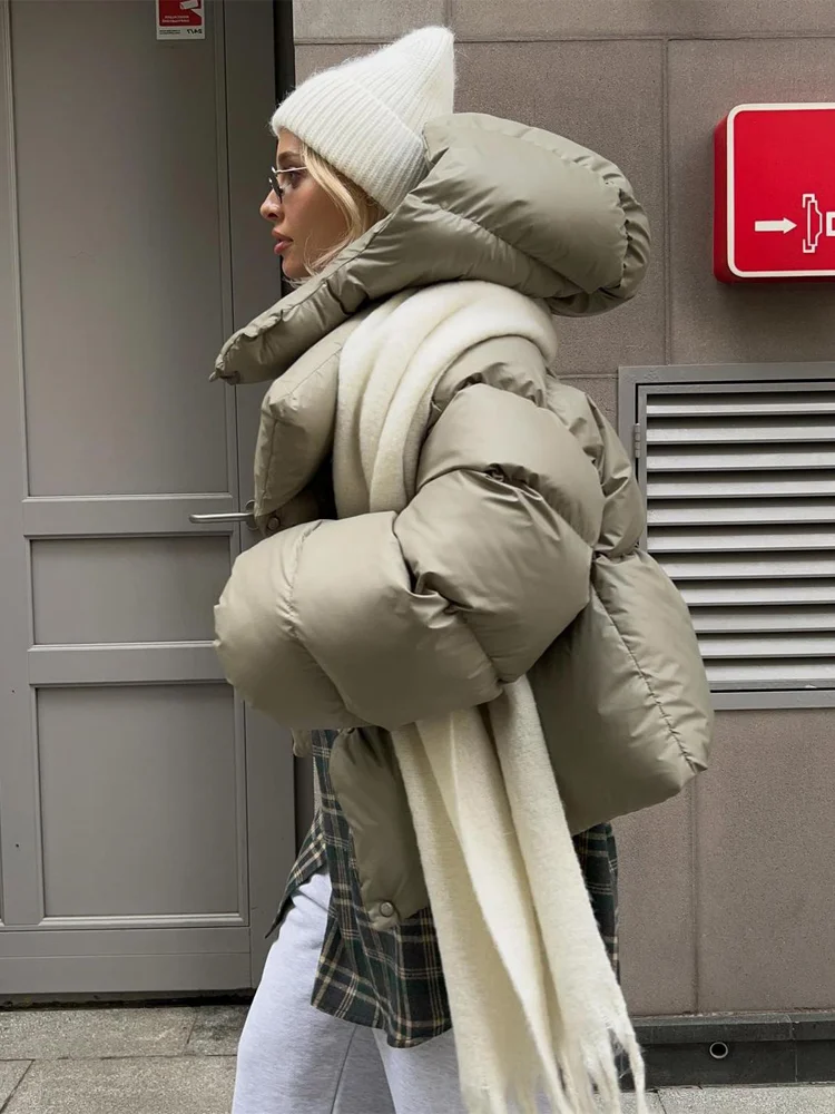 Lady Solid Baggy Oversized Puffer Coat Fashion Detachable Hood Loose Short Warm Jacket 2026 Winter Women New Highstreet Outfit