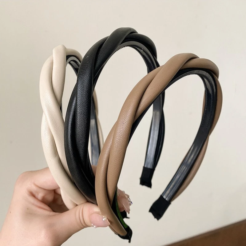 PU Leather Women Headband Simple Cross Twisted Head Hoop Imitation Thin Hair Hoop Non-slip Hairbands With Teeth Hair Accessories