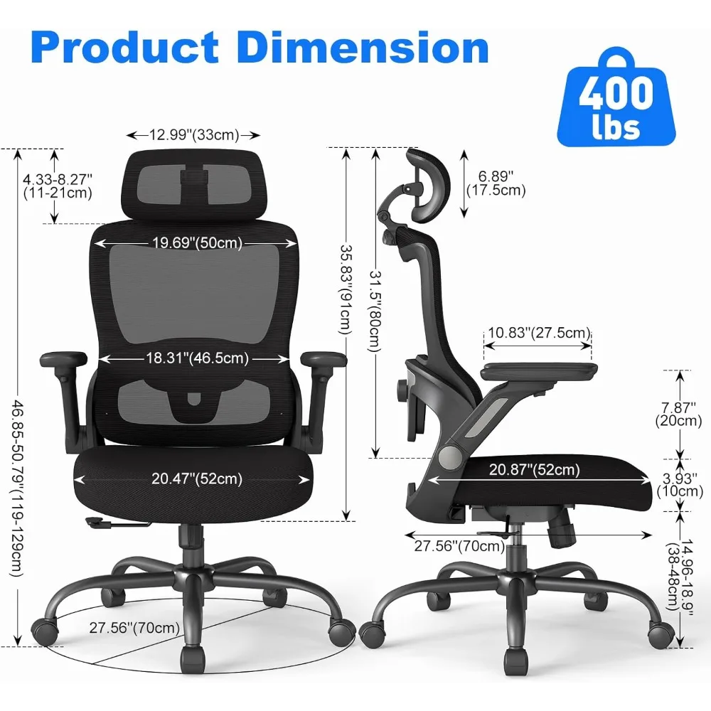 Ergonomic Office Chair, High Back Home Desk Chair with Adjustable Lumbar Support, Headrest, Flip-Up Arms, 90-135° Tilt Lock and