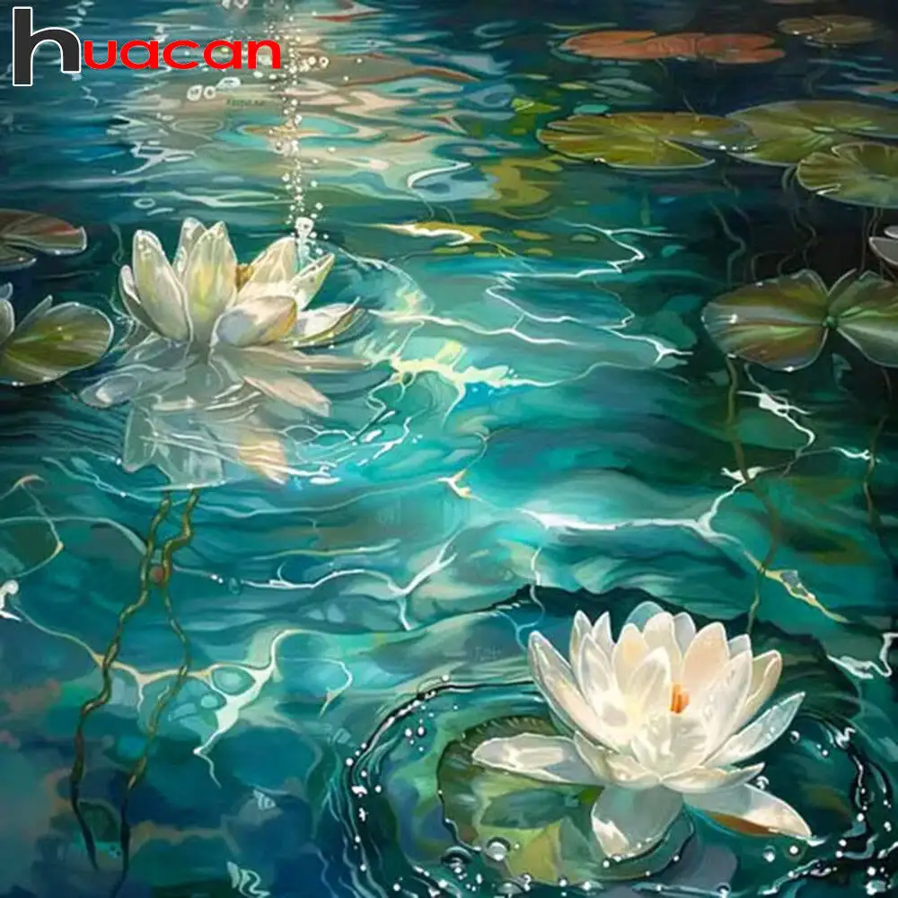 Huacan 5D-Diamantgemälde, Lotus-Diamant-Mosaik, Landschaft, Blume, komplettes Set, Wanddekoration
