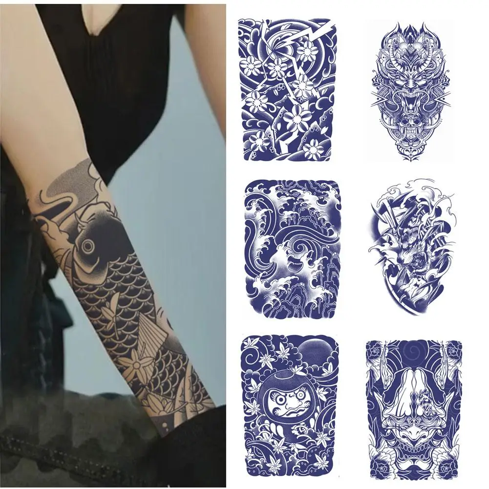 

2PCS Semi-permanent Non-reflective Old Traditional Blossom Arm Koi Fish Fake Tatoo For Men Waterproof Temporary Tattoo Sticker