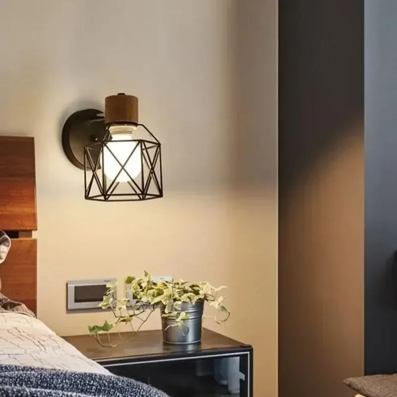 

Nordic Wrought Iron Wood Wall Light Simple Hollow Interior Bedroom Cage Shade Lamp Modern Retro Sconce Industrial Metal Lamp