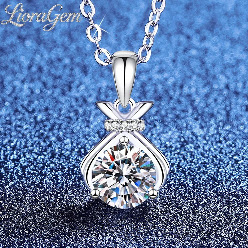 LioraGem Platinum PT950 Stylish 1-Carat Moissanite Necklace, Chinese-Inspired Lucky Bag Pendant with Diamond-Set Pendant