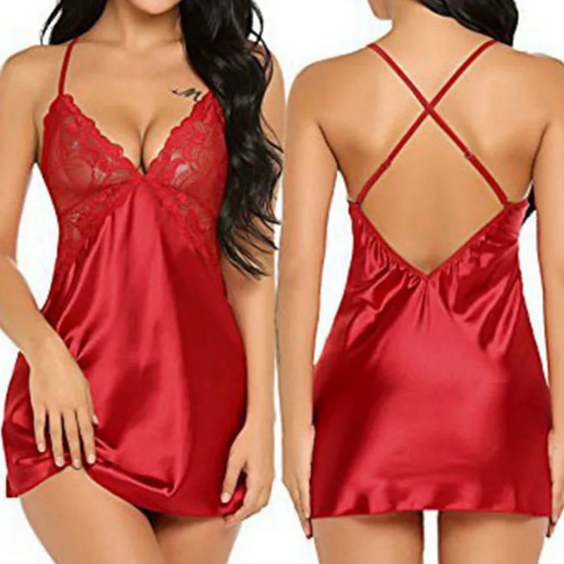 Vestido de lingerie sexy feminino, conjunto babydoll, saia de seda com renda, pijamas eróticas, tamanho grande, S a 2XL