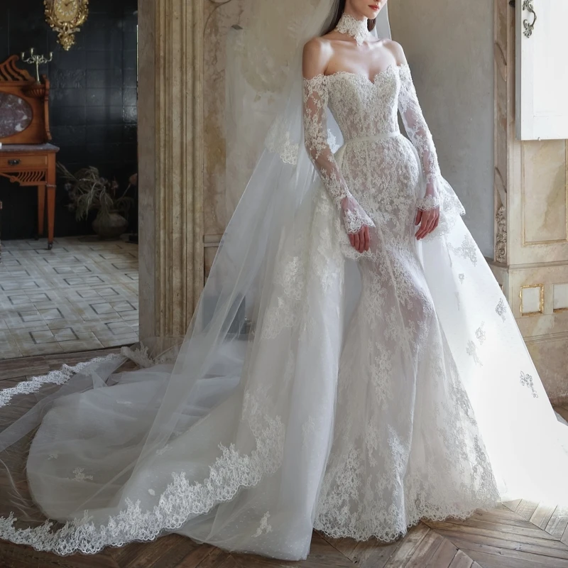 高級ホワイトドバイアラビア人魚ウェディングドレスアップリケレースビーズチュール長袖コートトレインウェディングドレスブライダルガウン