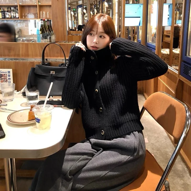 Maglione lavorato a maglia Cardigan da donna Nuova manica lunga Colletto rovesciato Maglione lavorato a maglia nero Cardigan Donna Top Sueters De Mujer Q1593