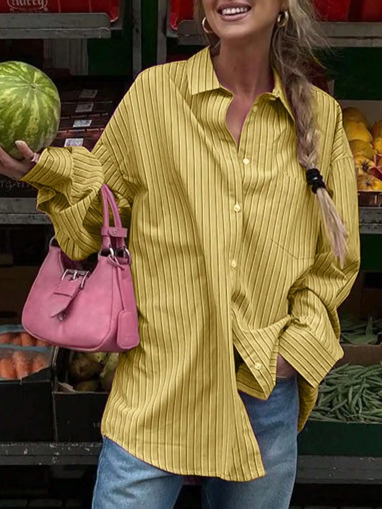 

Women Striped Front Button Pocket Casual Long Sleeve Shirt
