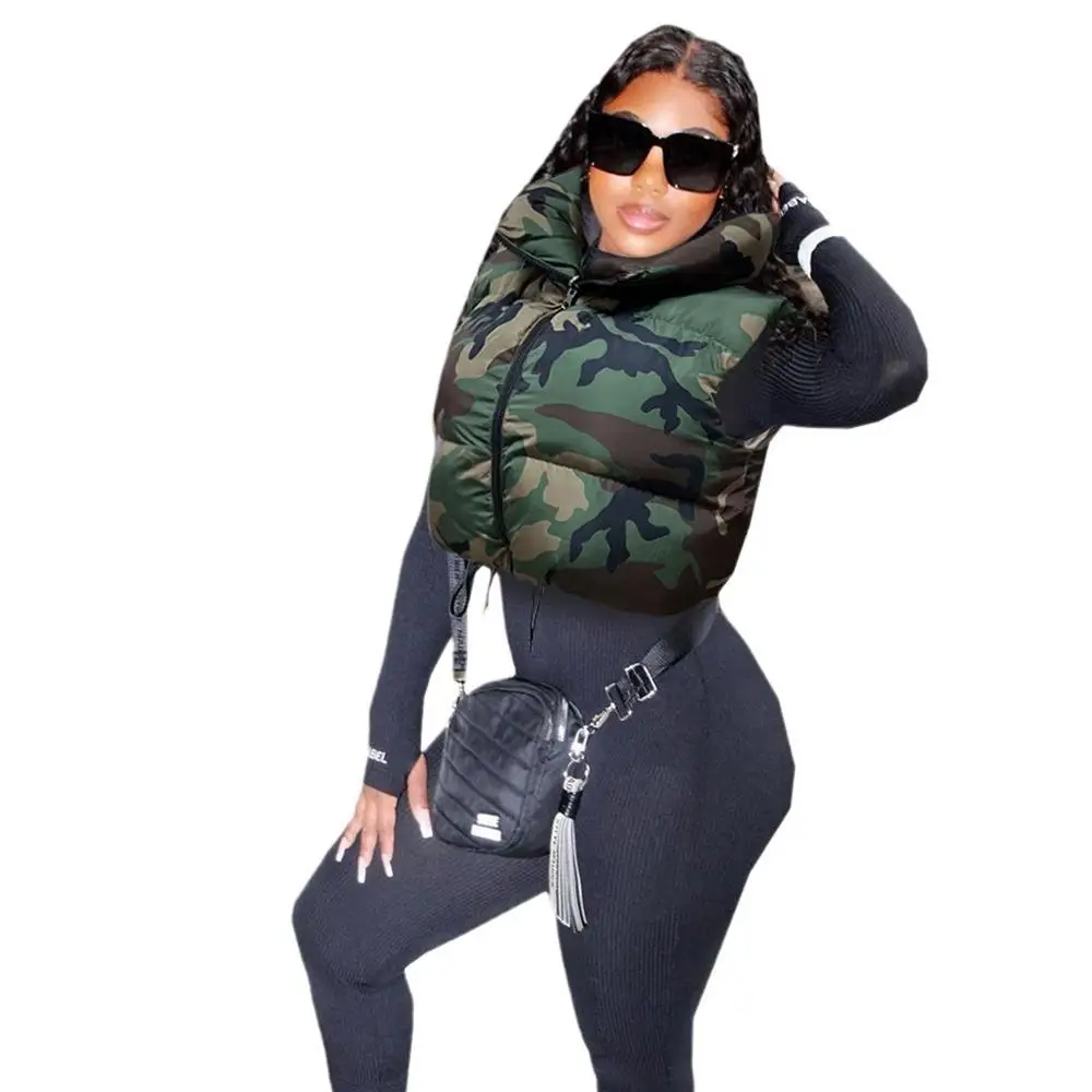 Street Style Camouflage Cotton Vest Short Sleeveless Jacket Zipper Closure Stand Collar Children's Winter Outerwear