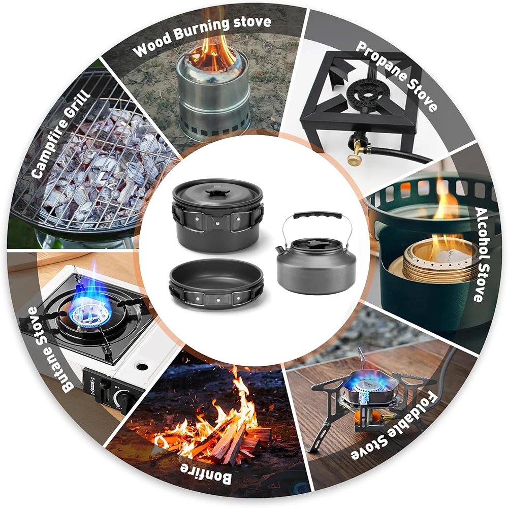 Camping Cooking set Camping Cookware Travel Tableware Outdoor Picnic Set Teapot For 2-3 Peaple Non-stick pots assorted sets image 6