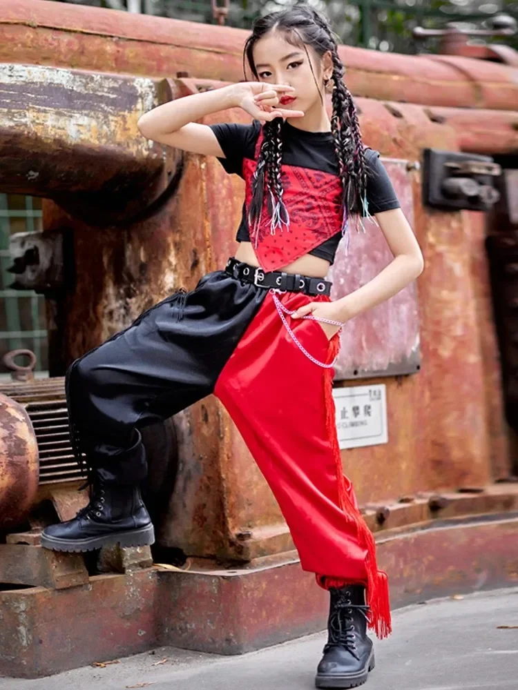 女の子中国風ジャズダンスパフォーマンス衣装赤緩い社交ヒップホップ服レイブストリートダンスウェア