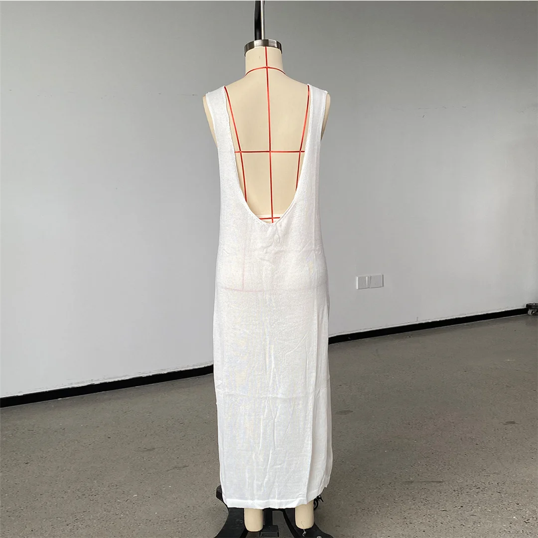 S - XL, V-Ausschnitt, rückenfreies, einfarbiges, gehäkeltes, gestricktes Tunika-Strandkleid, Strandkleid, Strandmode, Damen, V8320 – Detail 8