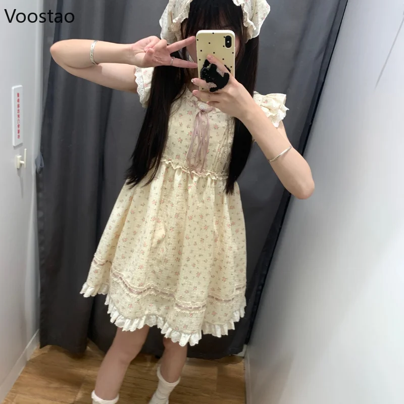 Summer Floral Print Kawaii Lolita Dress Women Sweet O-Neck Lace Ruffle Flying Sleeve Mini Dresses Female Korean Cute Fairy Dress