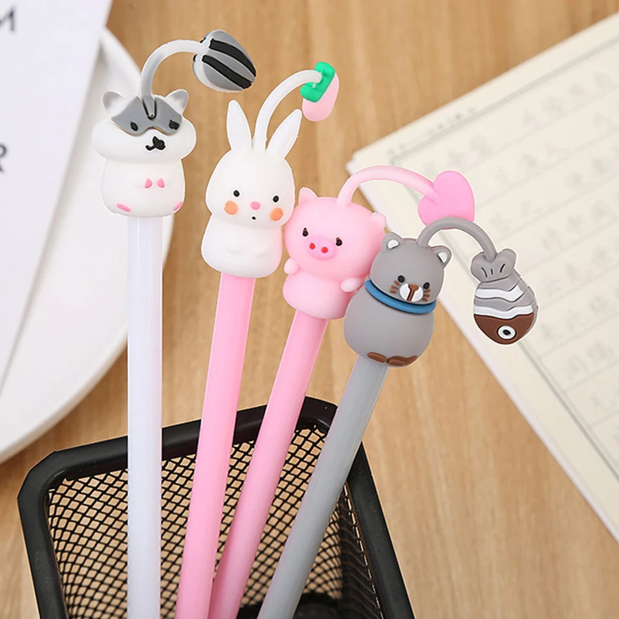 4 Pcs 0.5mm Avocado Gel Pens Soft Adorable Animal Black Colored Gel-inkpens for Writing Cute Stationery Office School Supplies