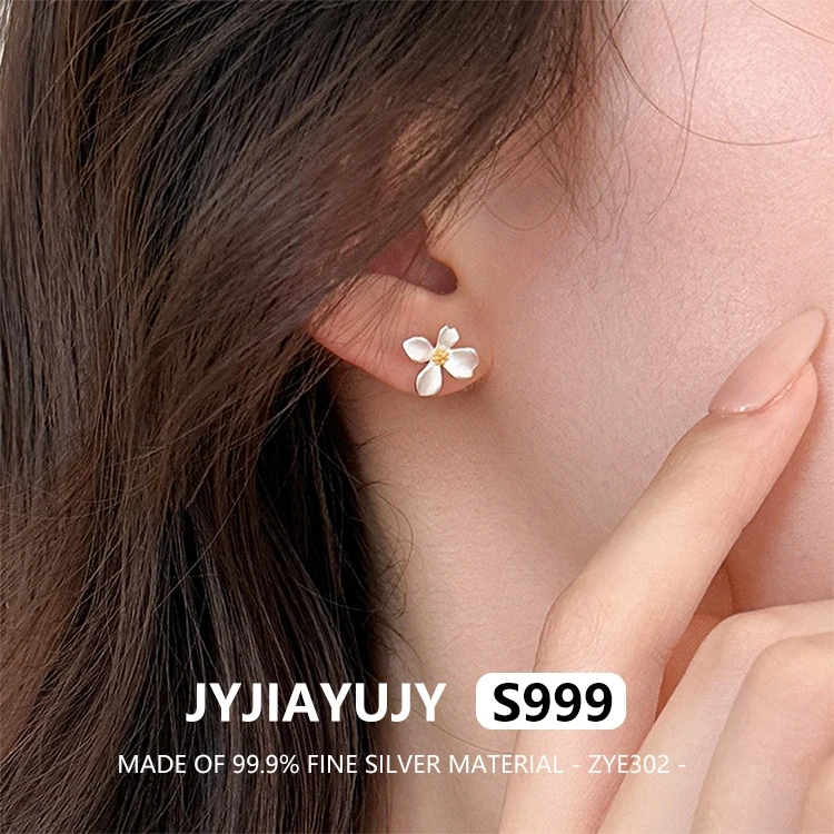 

JYJIAYUJY 100% Whole Original Fine Silver S999 Stud Earrings Frosted Gardenia For Her Elegance Gift For Women Use ZYE302