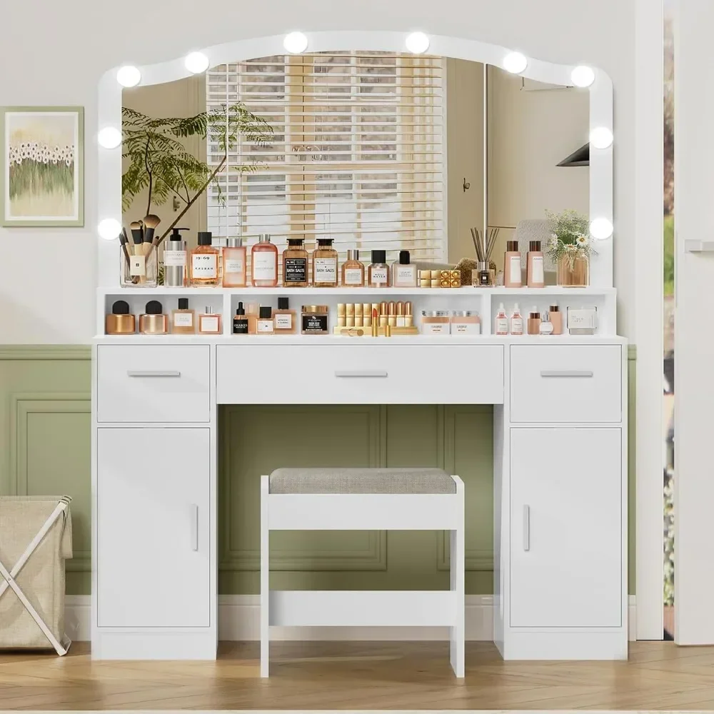 Makeup Vanity with Lights,with 3 Drawers,2 Cabinets & Long Storage Shelf,Dressing Vanity Table with Stool, Suitable for bedrooms