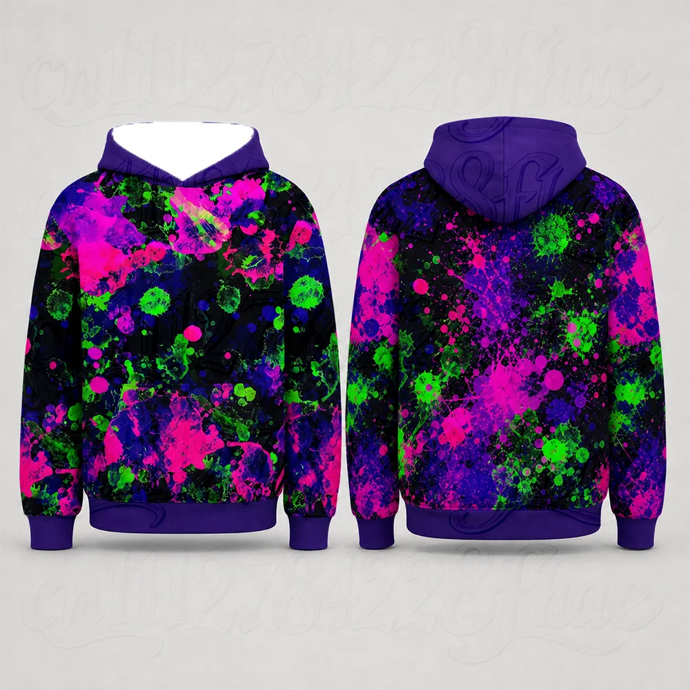 Men's 3D Lightning Galaxy Printed Hoodies Aesthetic Neon Paint Splatter Sweatshirts Loose Hip Hop Festival Pullover Clothing Top