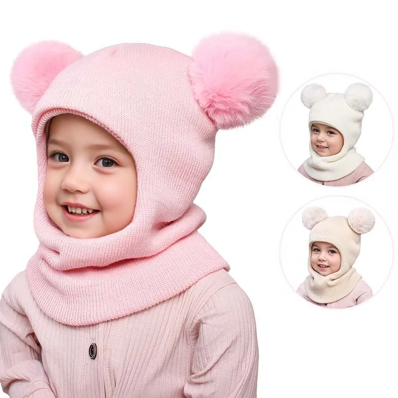 New Kids Hats Scarf One-Piece Cute Pompom Knitted Hat for Baby Winter Warm Ear Protection Caps Trendy Children Head Accessories