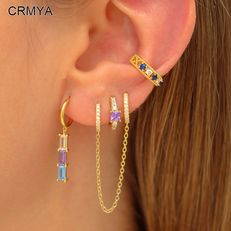 

CRMYA Gold-color Clip Hoop Dangle Earrings for Women Fashion Color Cubic Zirconia Women's Earrings Set 2023 Jewelry Wholesale