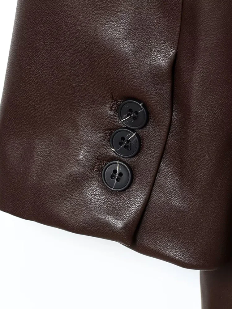 معطف بليزر نسائي أنيق من الجلد الصناعي فضفاض مناسب بنمط المال القديم وأكمام طويلة وزر أمامي ملابس خارجية أنيقة