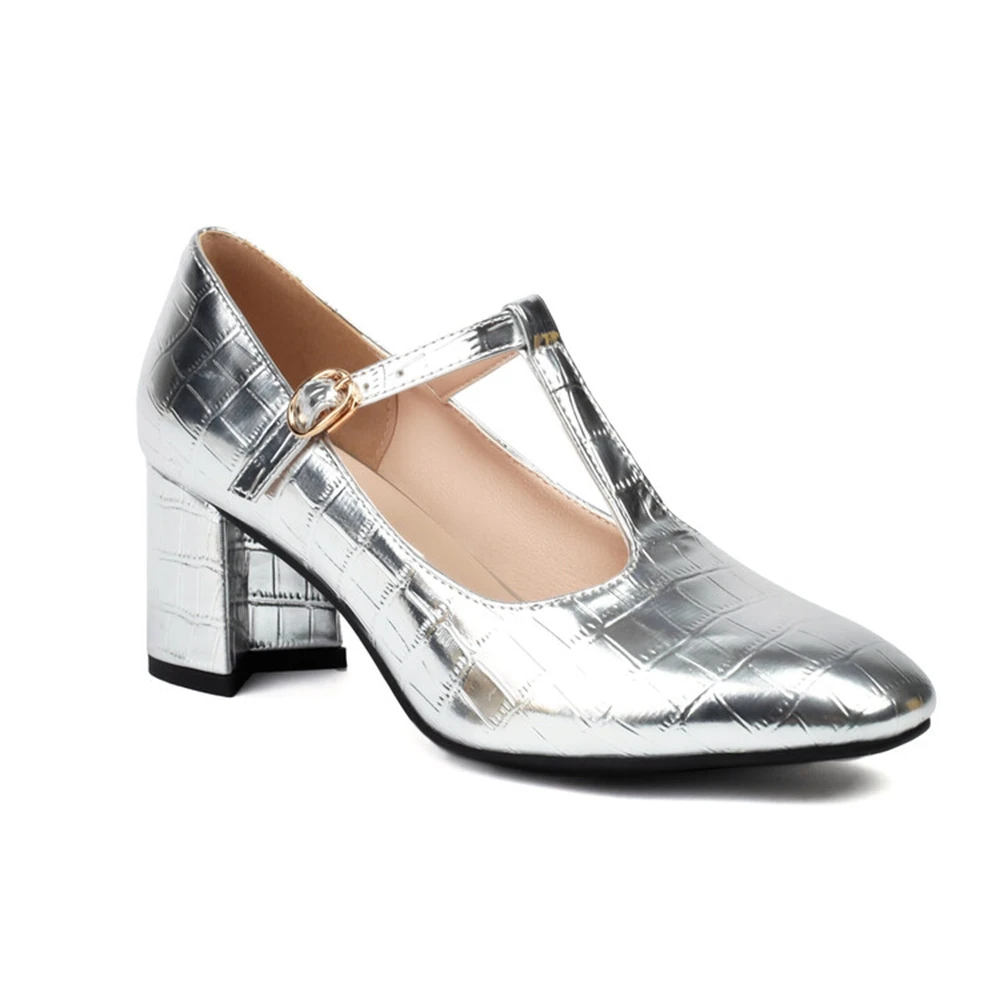 Thick Heels Women Fashion Square Toe Shallow Mary Jane Shoes Casual Dance Party Gold Silver Shoes Large Size 46 47 48 12-3