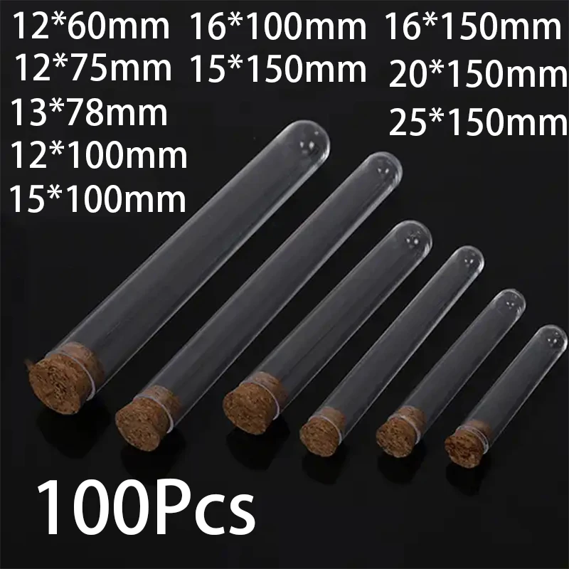 100Pcs Plastic Test Tubes with Corks Dia 12mm To 25mm Transparent Party Candy Bottle with Round Bottom,Wedding Gift Vial