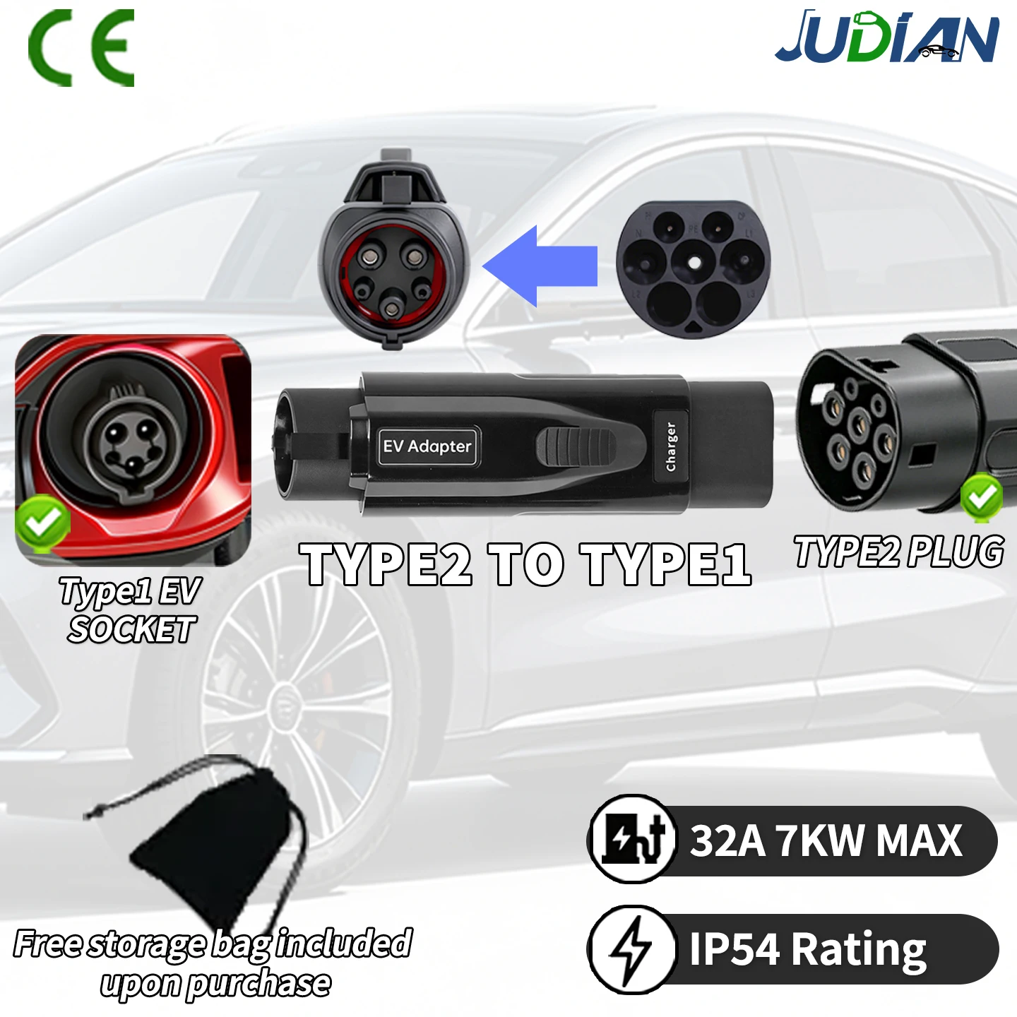 Type2 to GB/T TYPE1 NACS EV Charger Adapter IEC62196 Standard 32A 220V 380V AC Charging Converter for GBT J1772 TPC EV Cars