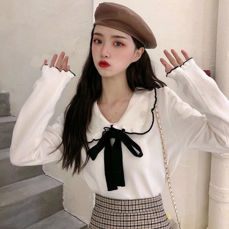 

Женские пуловеры в консервативном стиле, повседневные, с воротником Питера Пэна, Harajuku, универсальные, уютные, с длинными рукавами, милые, женские, модные, удобные, осенние