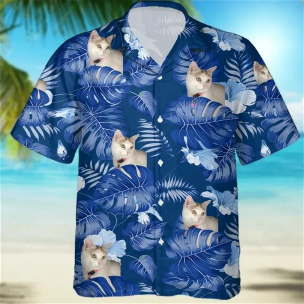 Floral Kitten Shirt Men Clothing 3D Printed Hawaiian Beach Shirt Short Sleeve Top Vintage Clothes Lapel Shirt