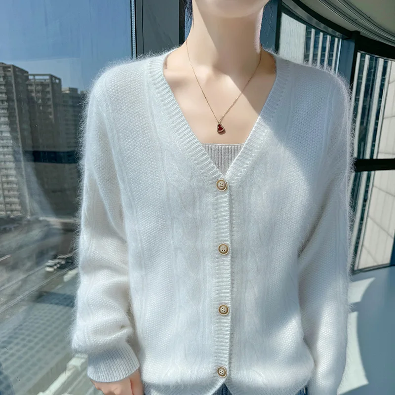 秋冬 Vネック ジャカード ミンクウール ニット カーディガン レディース ジャケット 無地 ボトム アウター ジャケット セーター