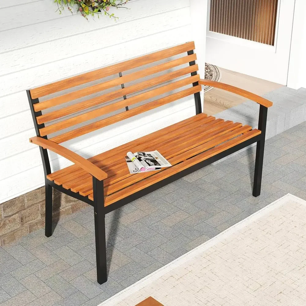 2-Person Acacia Wood Outdoor Bench with Metal Frame, Slatted Seat, Curved Armrests, 800 lbs Capacity