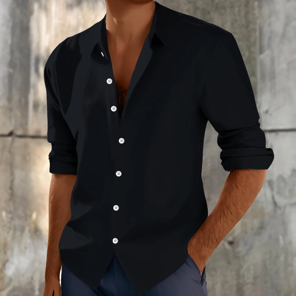 Men's Shirts for Spring and Autumn, classic retro street style, casual, pure cotton, comfortable, solid-color long-sleeved tops