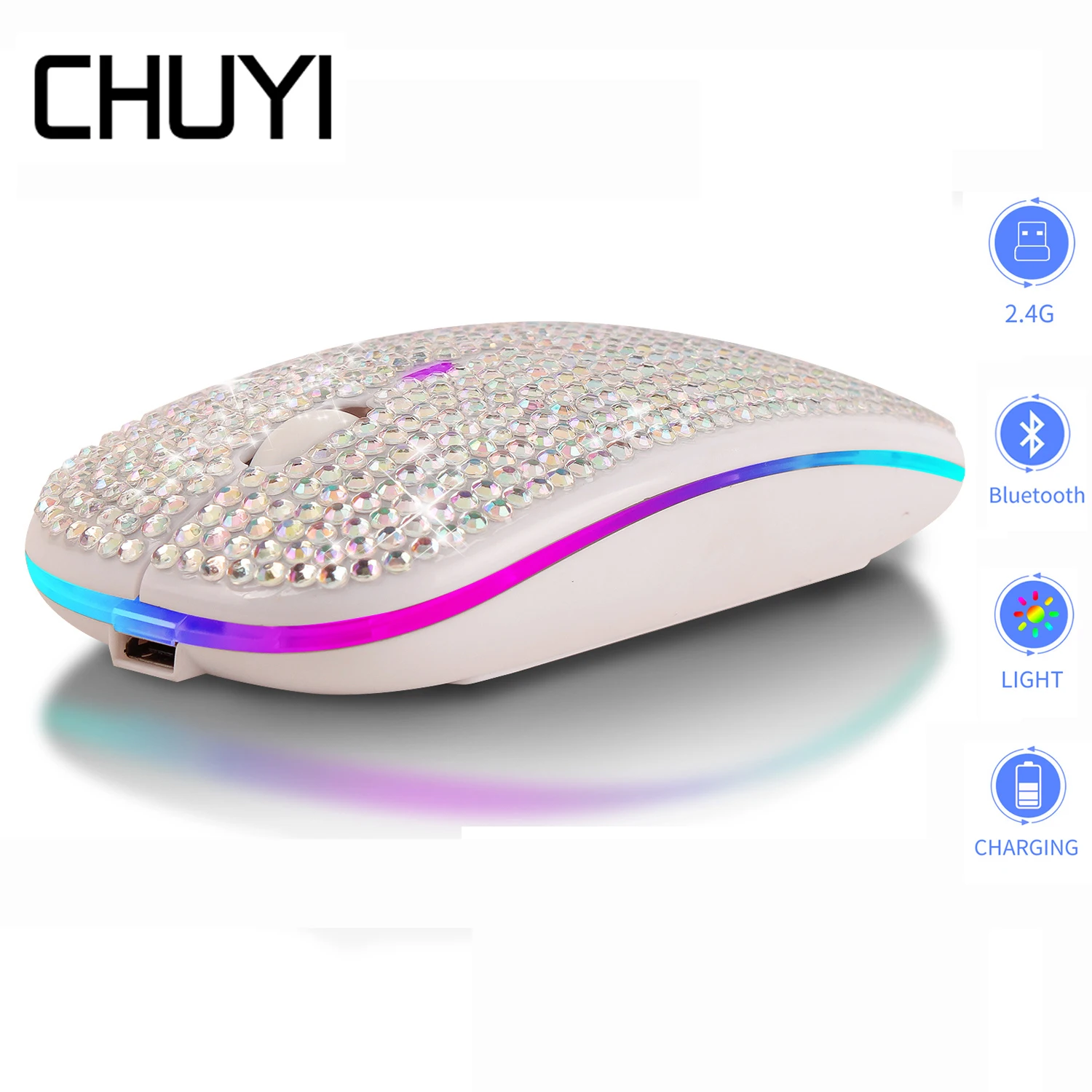 

Rechargeable Bluetooth 5.0 Wireless Mouse Diamond-Studded 2.4G Silent Ultra-thin Ergonomic Mause USB Portable Mice For Laptop PC