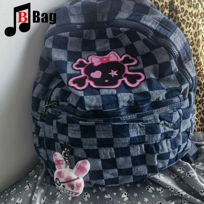 Harajuku Women Girl Cute Little skull Lattice Shoulder Bags Backpack Students Large Capacity Backpacks book bag Computer Handbag