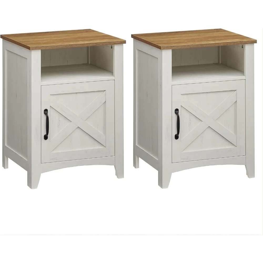 

Farmhouse Nightstand with Barn Door, Set of 2, Bedside Table with Storage, Side End Table, Night Stand with Open Compartment