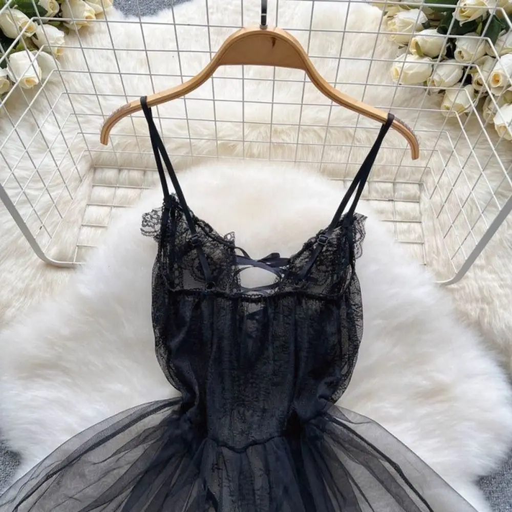 Moda decote em v ver através de renda camisola babado bowknot sling noite vestido transparente bainha irregular renda malha camisola sono