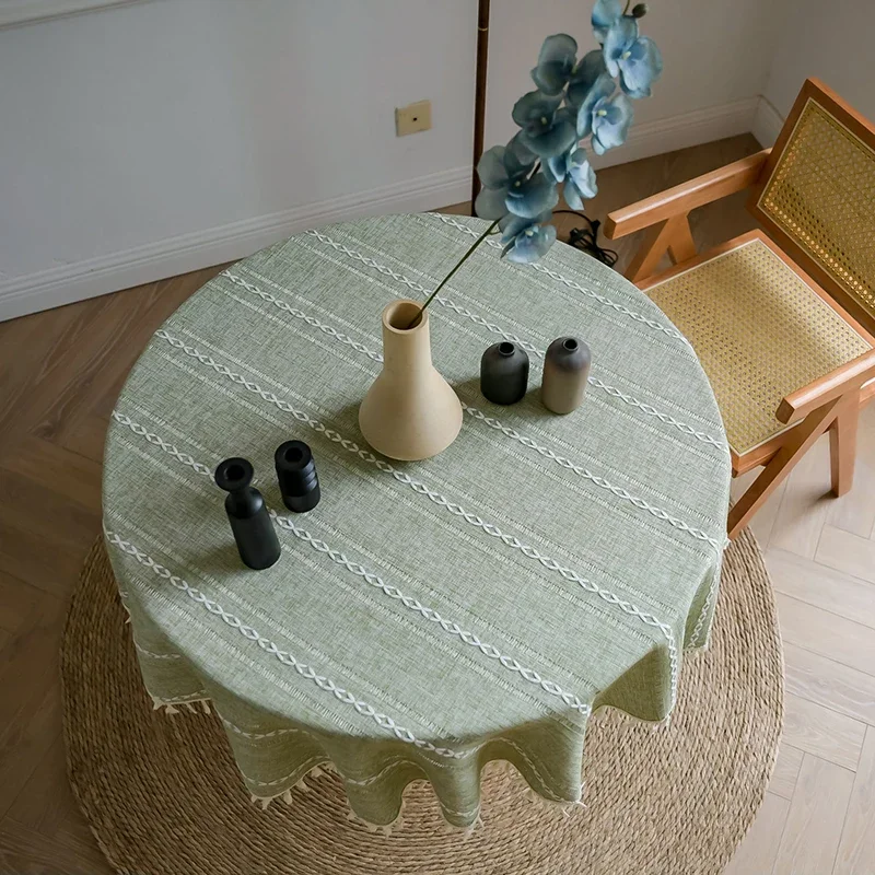 Green Round Tablecloth Striped Embroidered Table Cover Farmhouse Tassel Table Cloth for Table Kitchen Dining Room Tabletop Decor