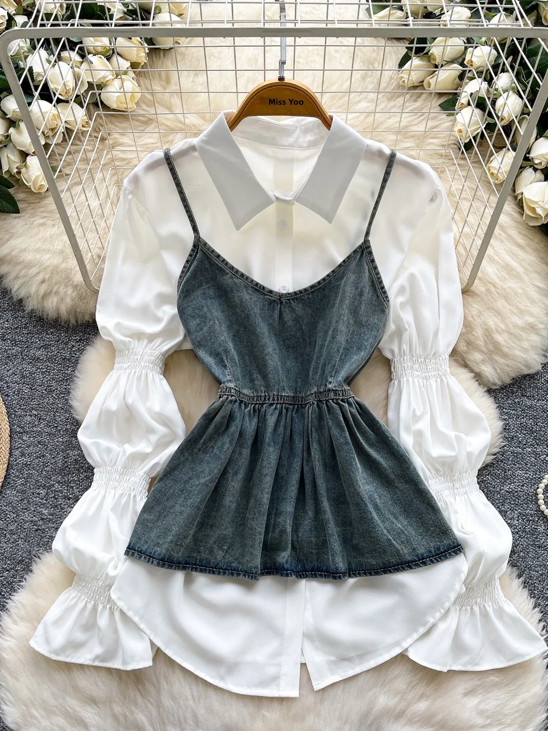 

Slimming Effect Korean Sle Denim ter Two-Piece Set Women's Faion Layering Design High Waist Straight Cut Outfit