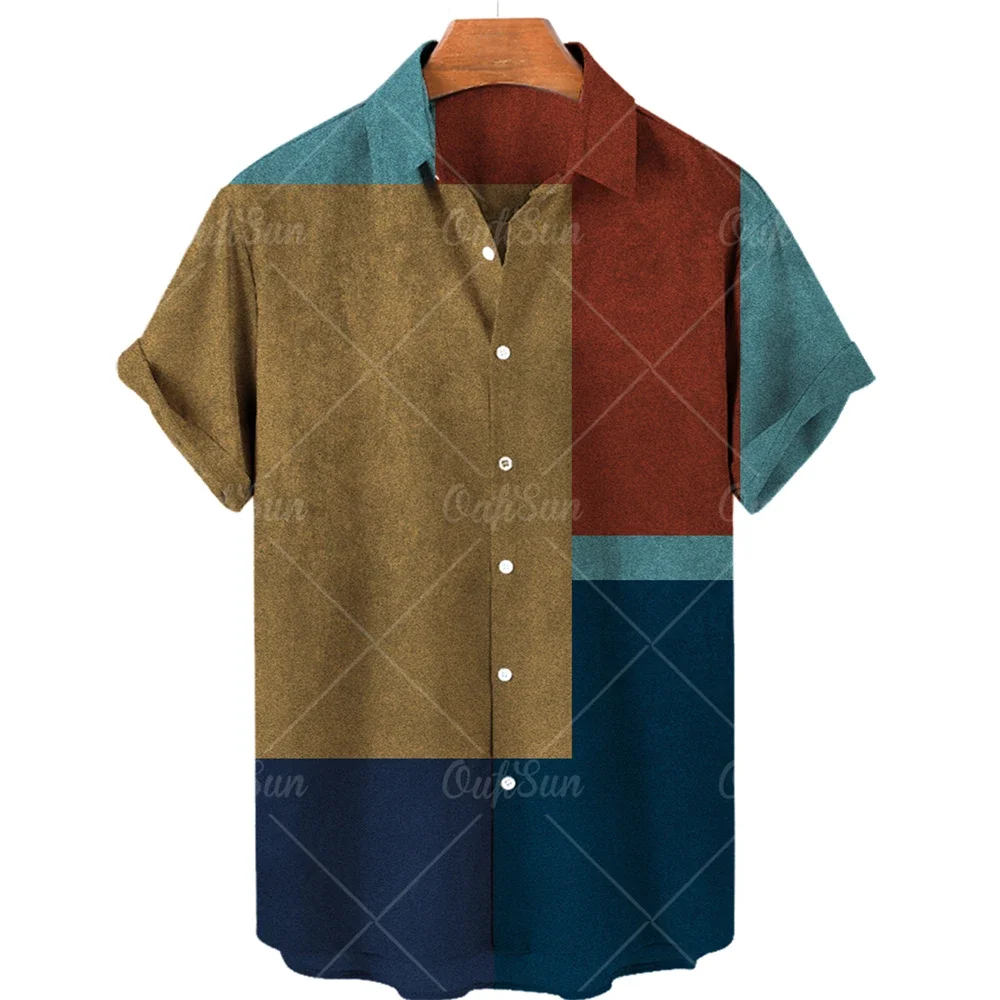 2024 fashion splicing new men's short-sleeved shirt Hawaiian casual retro men's lapel tops large size comfortable men's shirt