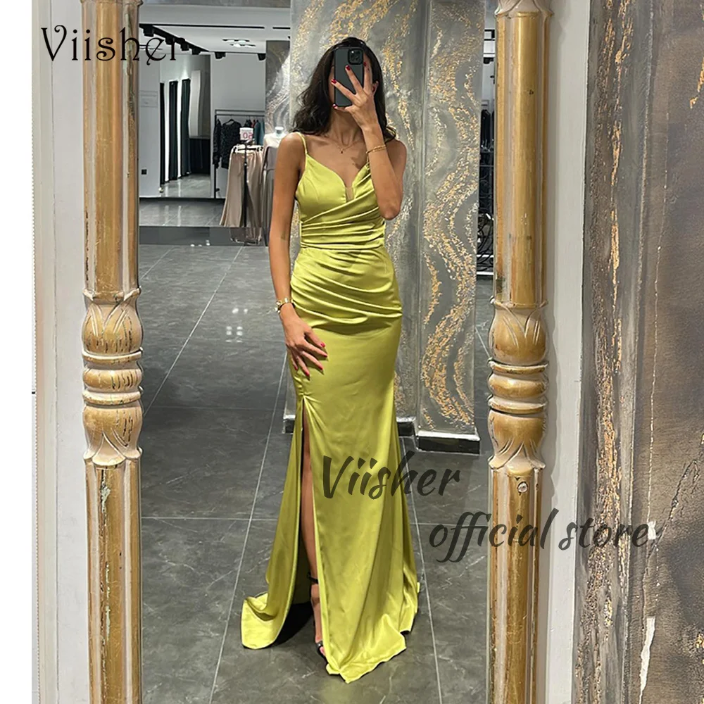 

Viisher Mermaid Evening Dresses With Slit Spaghetti Straps V Neck Pleats Satin Prom Party Dress Long Women Evening Gowns