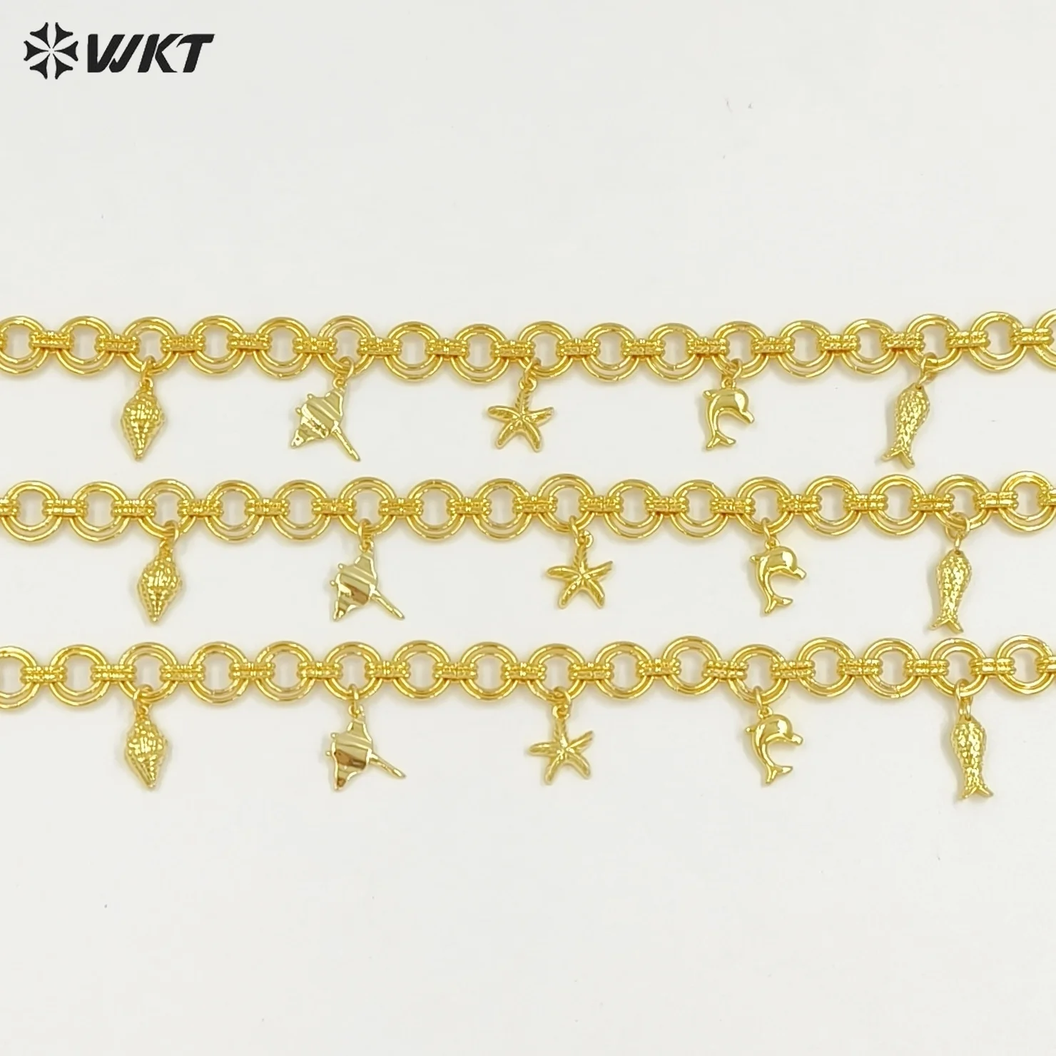 WT-JFN46 Fine Smooth And Textured Large O-Shaped Chain With Starfish Dolphin Charms Yellow Brass Necklace Lovely Gifts
