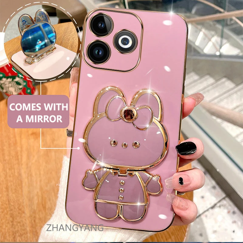 Case For infinix smart 8 hot 40i Electroplated straight edge silicone phone case cute 3D rabbit with built-in mirror for anti dr