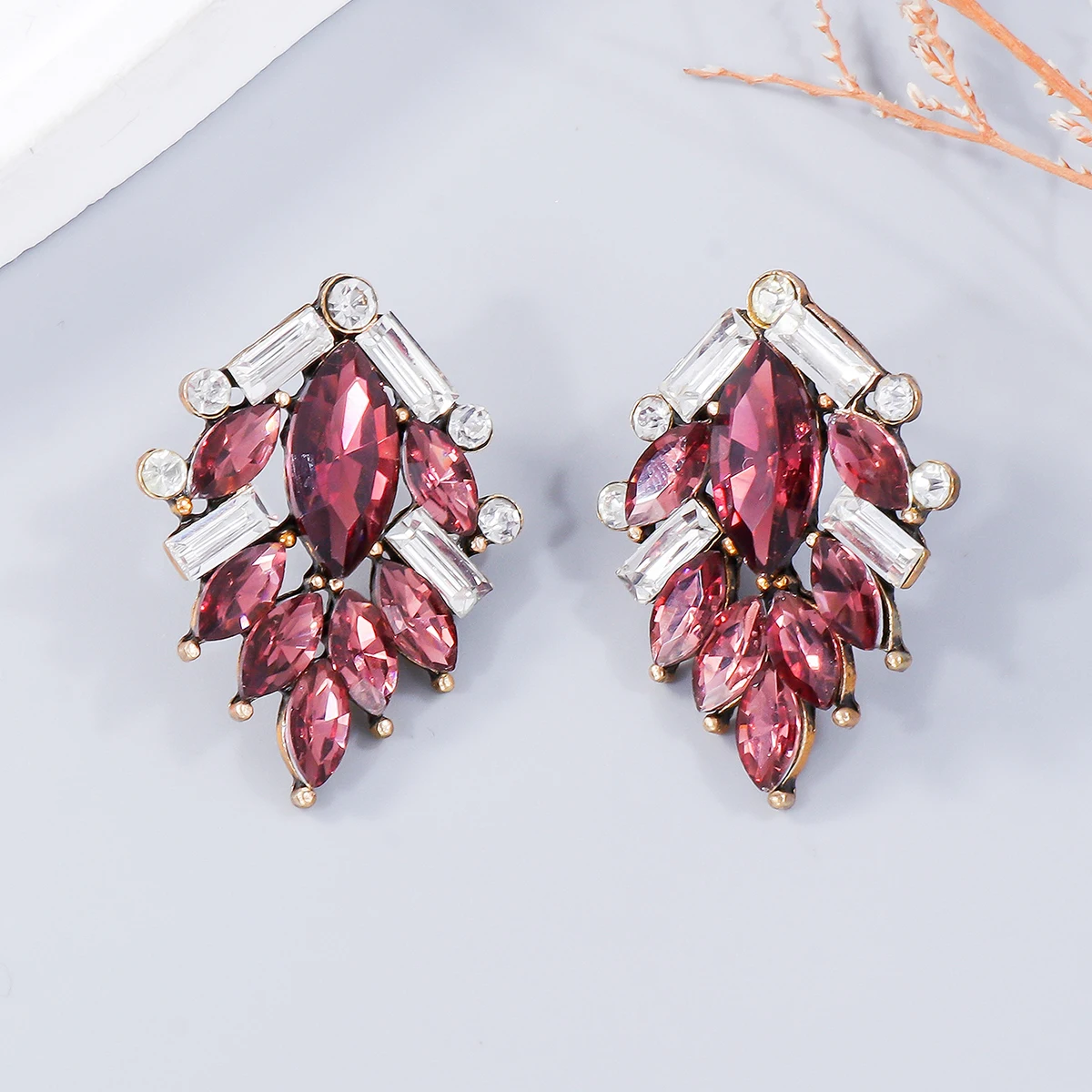 JURAN 2022 Fashion Statement Gem Crystal Tree Shape Stud Earrings for Women Charm Jewelry 8 Colors Wholesale New Arrival